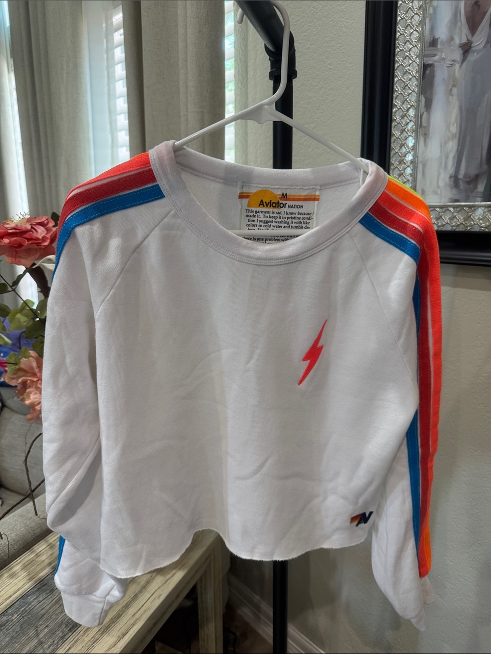 Aviator Nation White Lightning Crop Sweatshirt with Rainbow Stripes